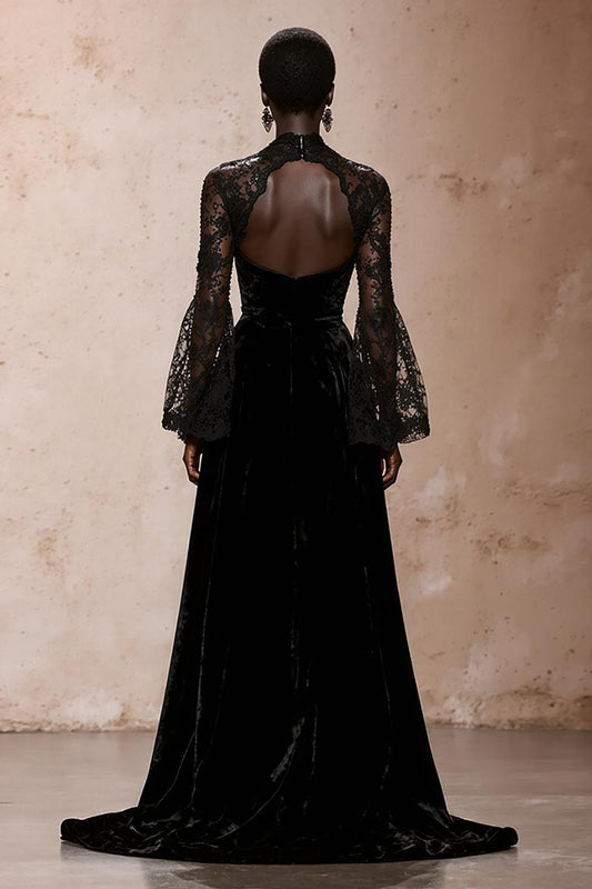 Black Velvet Sheath High Neck Lace Long Sleeves Holiday Party Dress