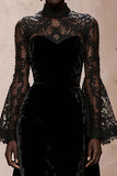 Black Velvet Sheath High Neck Lace Long Sleeves Holiday Party Dress