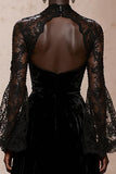 Black Velvet Sheath High Neck Lace Long Sleeves Holiday Party Dress