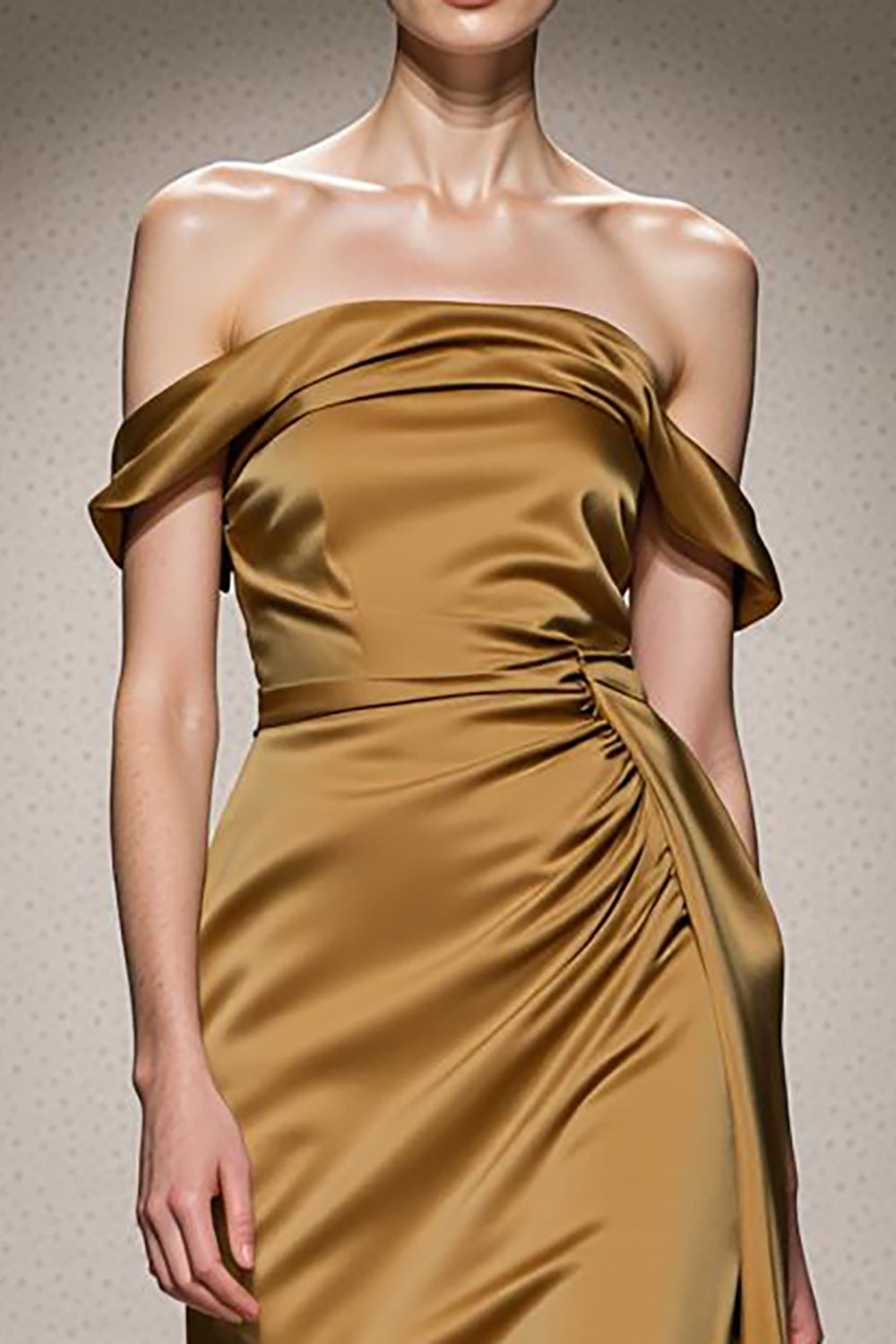 Yellow Satin Mermaid Off the Shoulder Ruched Long Formal Dress