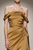 Yellow Satin Mermaid Off the Shoulder Ruched Long Formal Dress
