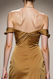 Yellow Satin Mermaid Off the Shoulder Ruched Long Formal Dress