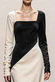 Black and White Satin Sheath Square Neck Long Sleeves Formal Dress