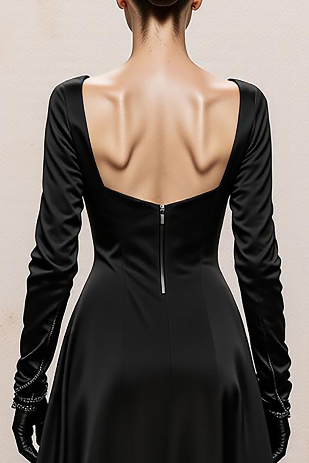 Black and White Satin Sheath Square Neck Long Sleeves Formal Dress