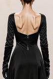 Black and White Satin Sheath Square Neck Long Sleeves Formal Dress