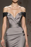 Silver Satin Mermaid Off the Shoulder Long Formal Dress