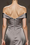 Silver Satin Mermaid Off the Shoulder Long Formal Dress