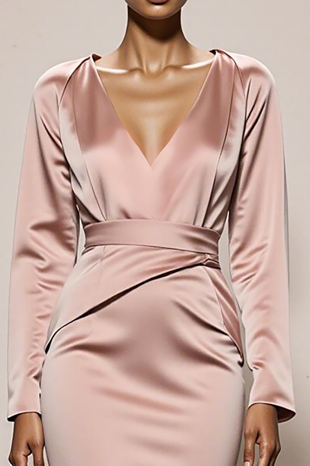 Light Pink Satin Mermaid V-Neck Backless Long Sleeves Formal Dress
