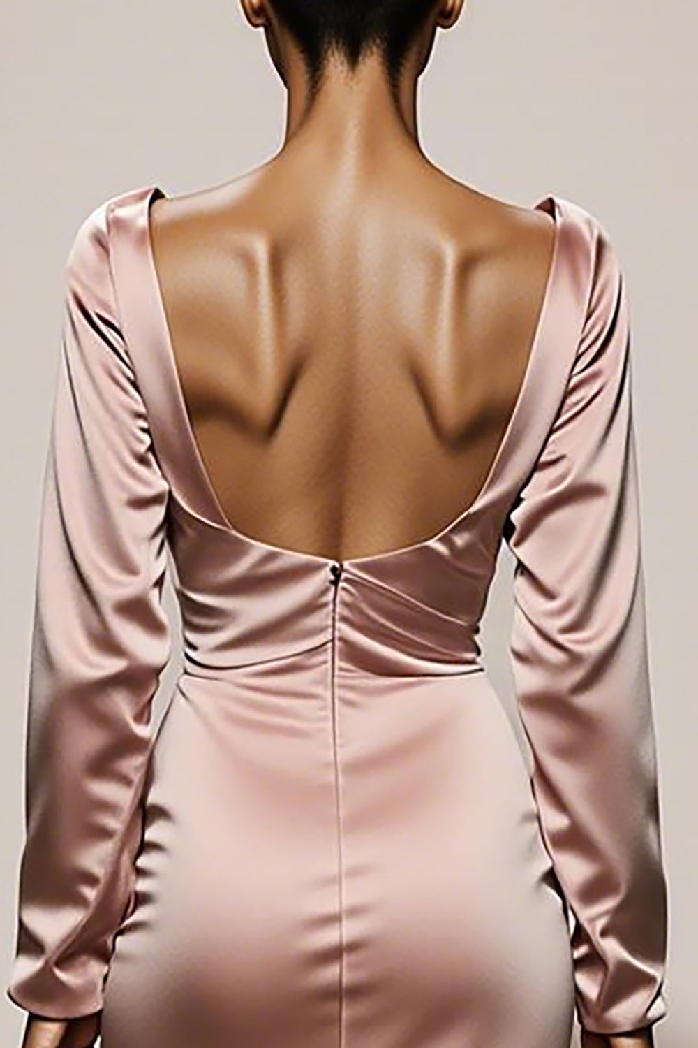 Light Pink Satin Mermaid V-Neck Backless Long Sleeves Formal Dress