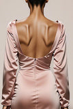 Light Pink Satin Mermaid V-Neck Backless Long Sleeves Formal Dress