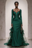 Dark Green Mermaid Satin Sweetheart Long Sleeves Formal Dress with Ruffles