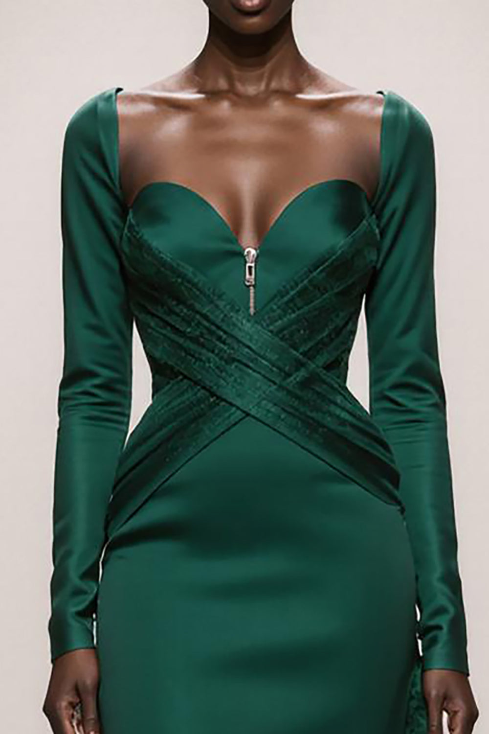 Dark Green Mermaid Satin Sweetheart Long Sleeves Formal Dress with Ruffles