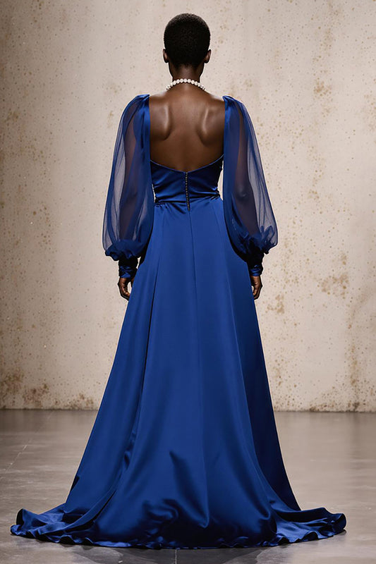 Royal Blue Mermaid Satin Ruched Long Sleeves Formal Dress with Sash
