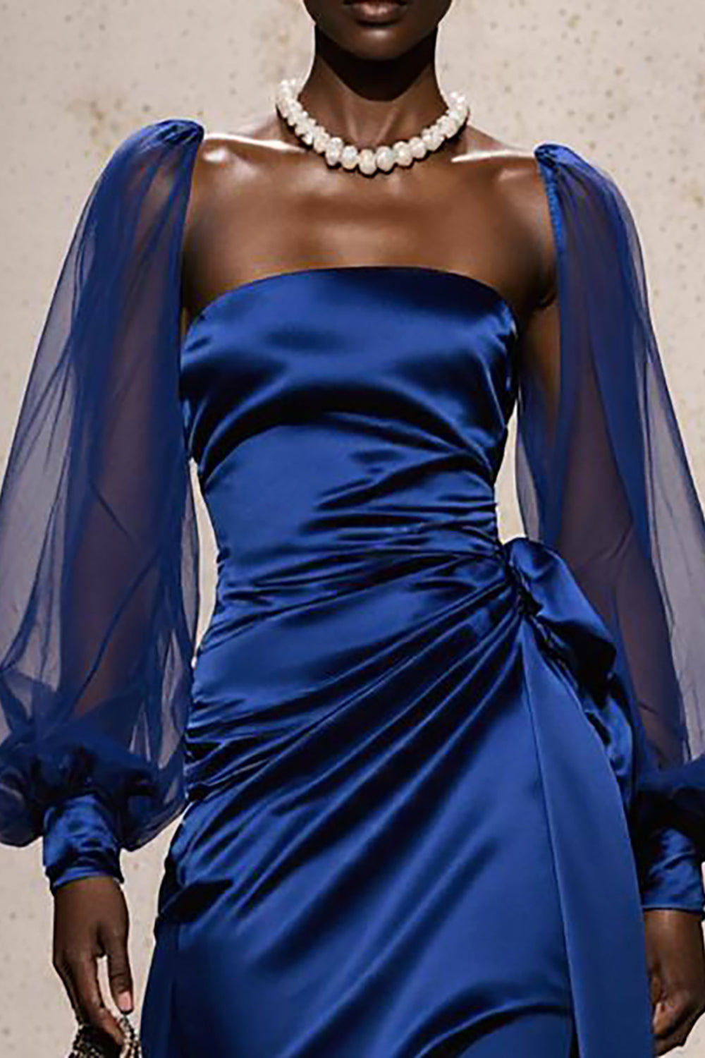 Zapakasa Women Royal Blue Mermaid Long Sleeves Formal Dress with Sash Satin Strapless Ruched Backless Evening Dress