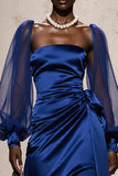 Royal Blue Mermaid Satin Ruched Long Sleeves Formal Dress with Sash