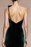 Dark Green Velvet Mermaid One Shoulder Long Holiday Party Dress with 3D Flower