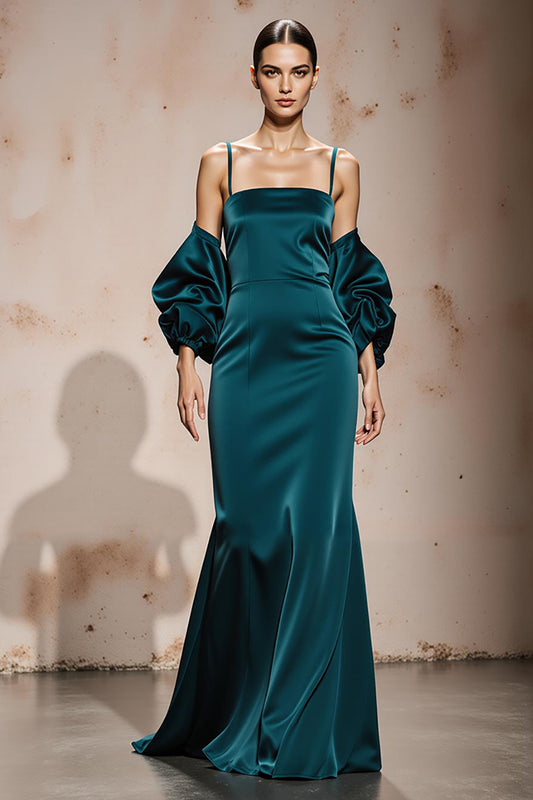Peacock Blue Spaghetti Straps Satin Mermaid Long Formal Dress with Sleeves