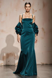 Peacock Blue Spaghetti Straps Satin Mermaid Long Formal Dress with Sleeves