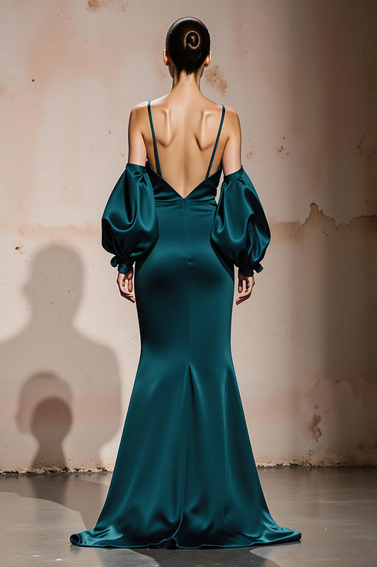 Peacock Blue Spaghetti Straps Satin Mermaid Long Formal Dress with Sleeves
