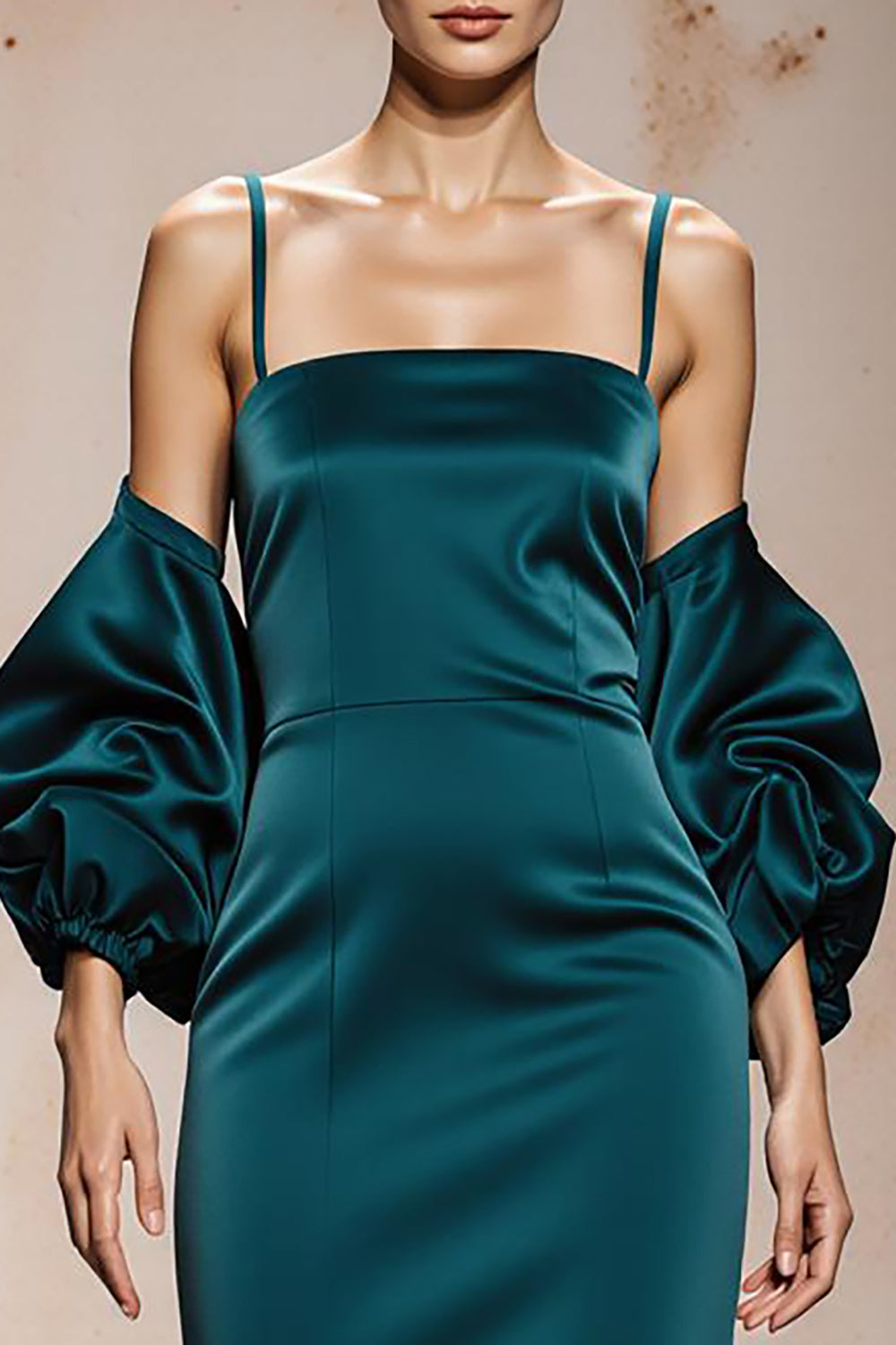 Peacock Blue Spaghetti Straps Satin Mermaid Long Formal Dress with Sleeves