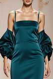 Peacock Blue Spaghetti Straps Satin Mermaid Long Formal Dress with Sleeves