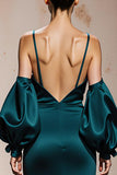 Peacock Blue Spaghetti Straps Satin Mermaid Long Formal Dress with Sleeves