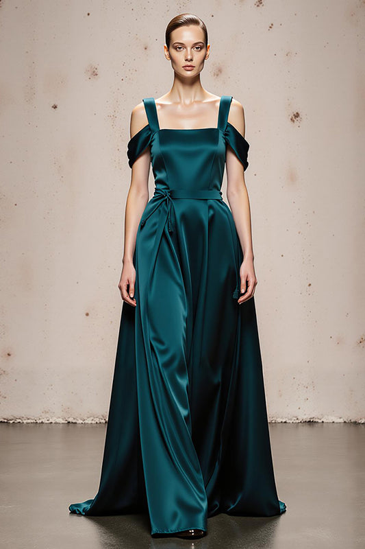 Peacock Blue A Line Satin Cold Shoulder Long Formal Dress