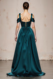 Peacock Blue A Line Satin Cold Shoulder Long Formal Dress