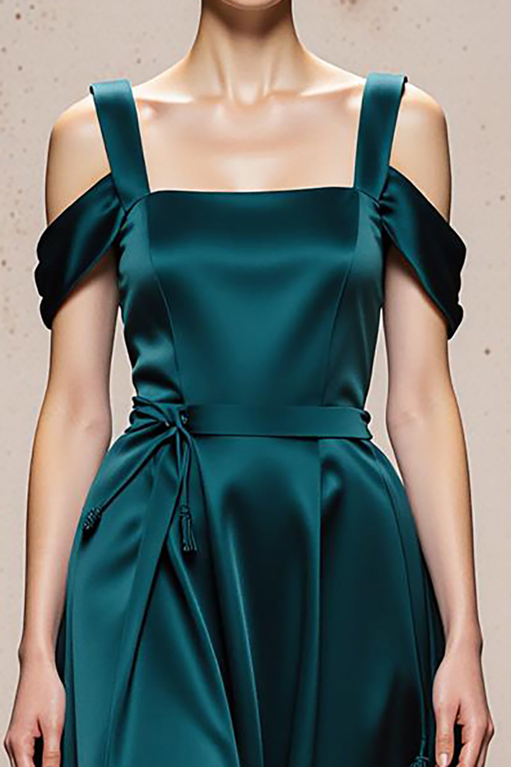 Peacock Blue A Line Satin Cold Shoulder Long Formal Dress