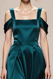 Peacock Blue A Line Satin Cold Shoulder Long Formal Dress