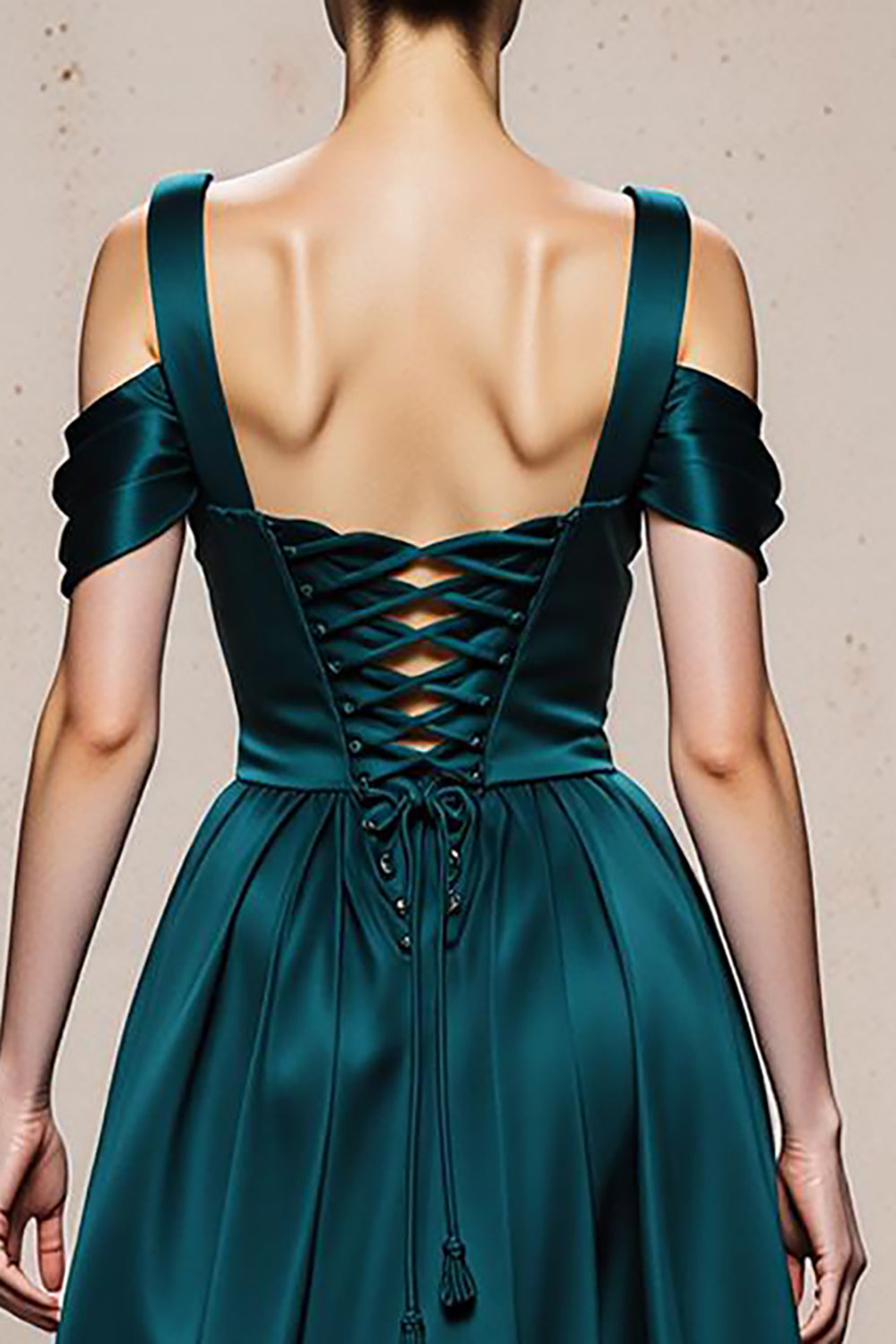 Peacock Blue A Line Satin Cold Shoulder Long Formal Dress