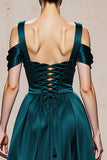 Peacock Blue A Line Satin Cold Shoulder Long Formal Dress