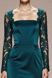Peacock Blue Mermaid Satin Square Neck Lace Sleeves Long Formal Dress
