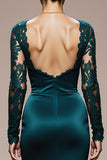 Peacock Blue Mermaid Satin Square Neck Lace Sleeves Long Formal Dress