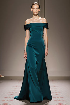 Peacock Blue Sheath Satin Off the Shoulder Long Formal Dress