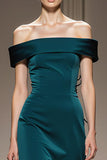 Peacock Blue Sheath Satin Off the Shoulder Long Formal Dress