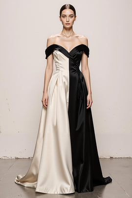 Black and White A Line Sweetheart Satin Off the Shoulder Long Formal Dress