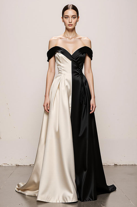 Black and White A Line Sweetheart Satin Off the Shoulder Long Formal Dress