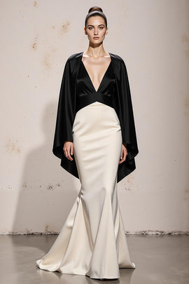Black and White Mermaid Patchwork Satin V-Neck Long Formal Dress with Sleeves