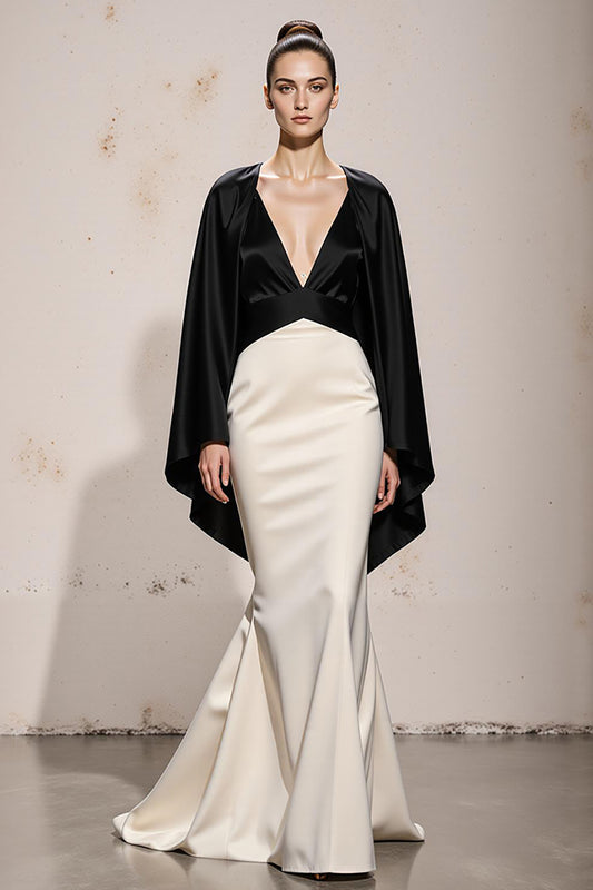Black and White Mermaid Patchwork Satin V-Neck Long Formal Dress with Sleeves