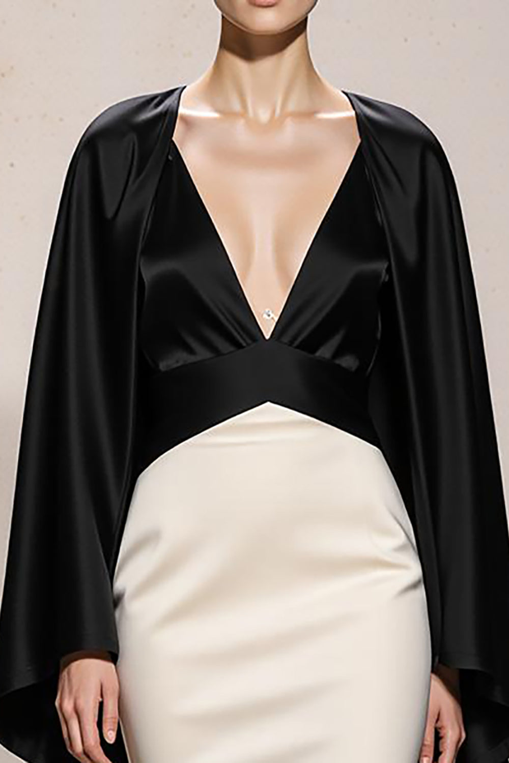 Black and White Mermaid Patchwork Satin V-Neck Long Formal Dress with Sleeves