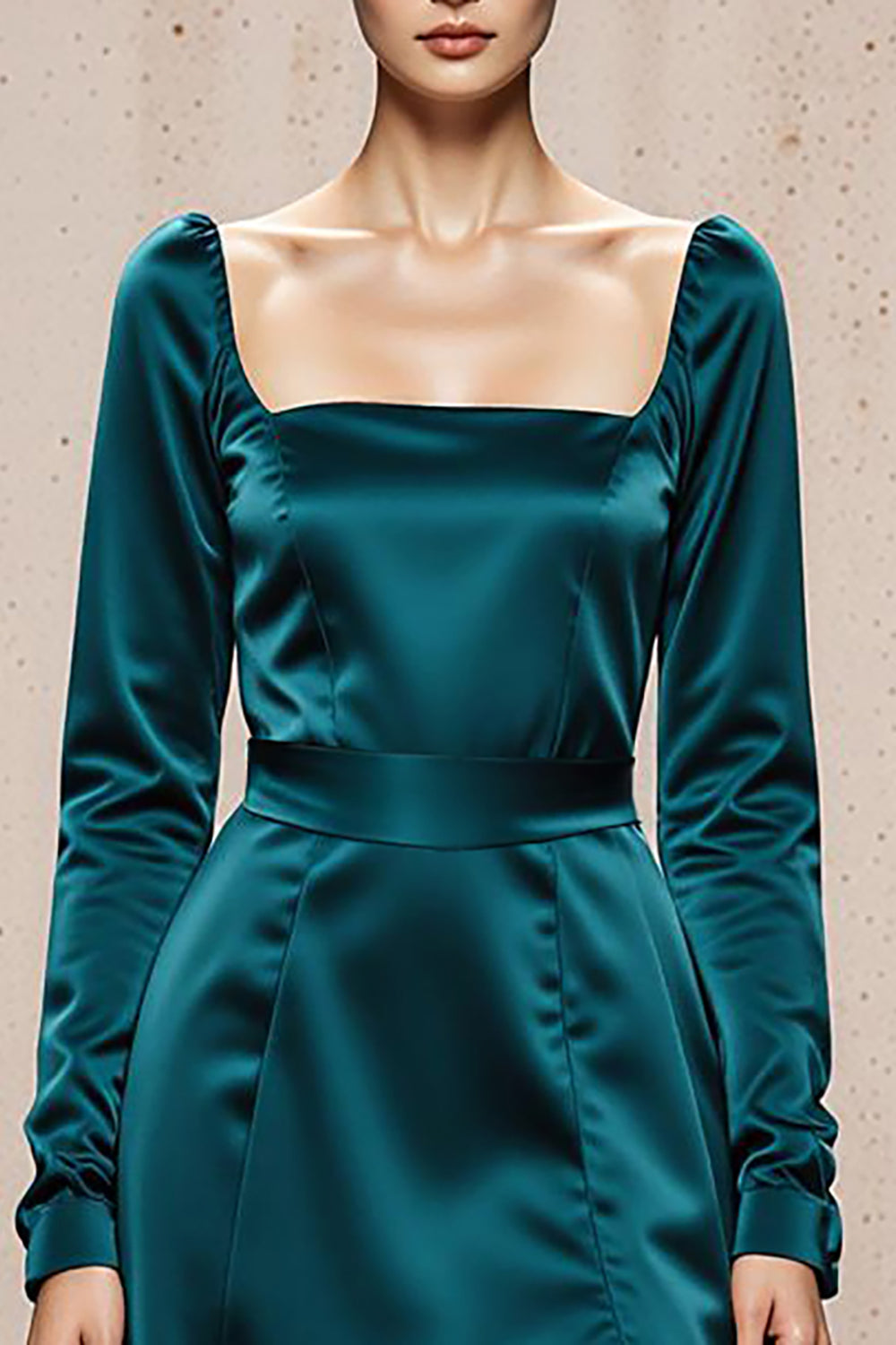 Peacock Blue Square Neck Sheath Satin Long Sleeves Formal Dress with Slit