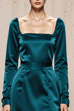Peacock Blue Square Neck Sheath Satin Long Sleeves Formal Dress with Slit