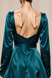 Peacock Blue Square Neck Sheath Satin Long Sleeves Formal Dress with Slit
