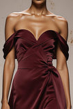 Burgundy Off the Shoulder Sheath Satin Sweetheart Long Formal Dress