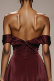 Burgundy Off the Shoulder Sheath Satin Sweetheart Long Formal Dress