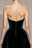 Dark Green Velvet A Line Strapless Long Holiday Party Dress with Slit