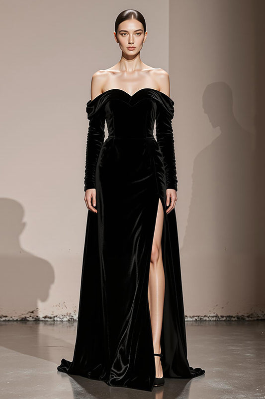 Black Velvet Off the Shoulder Sheath Long Sleeves Holiday Party Dress with Slit