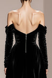 Black Velvet Off the Shoulder Sheath Long Sleeves Holiday Party Dress with Slit