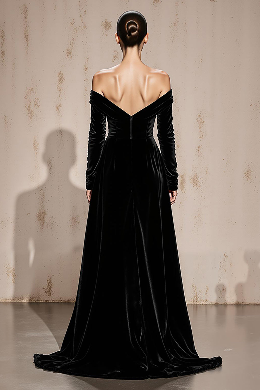 Zapaka Women Black Velvet Long Formal Dress with Sleeves Sheath Off the Shoulder Evening Dress, Black / US2